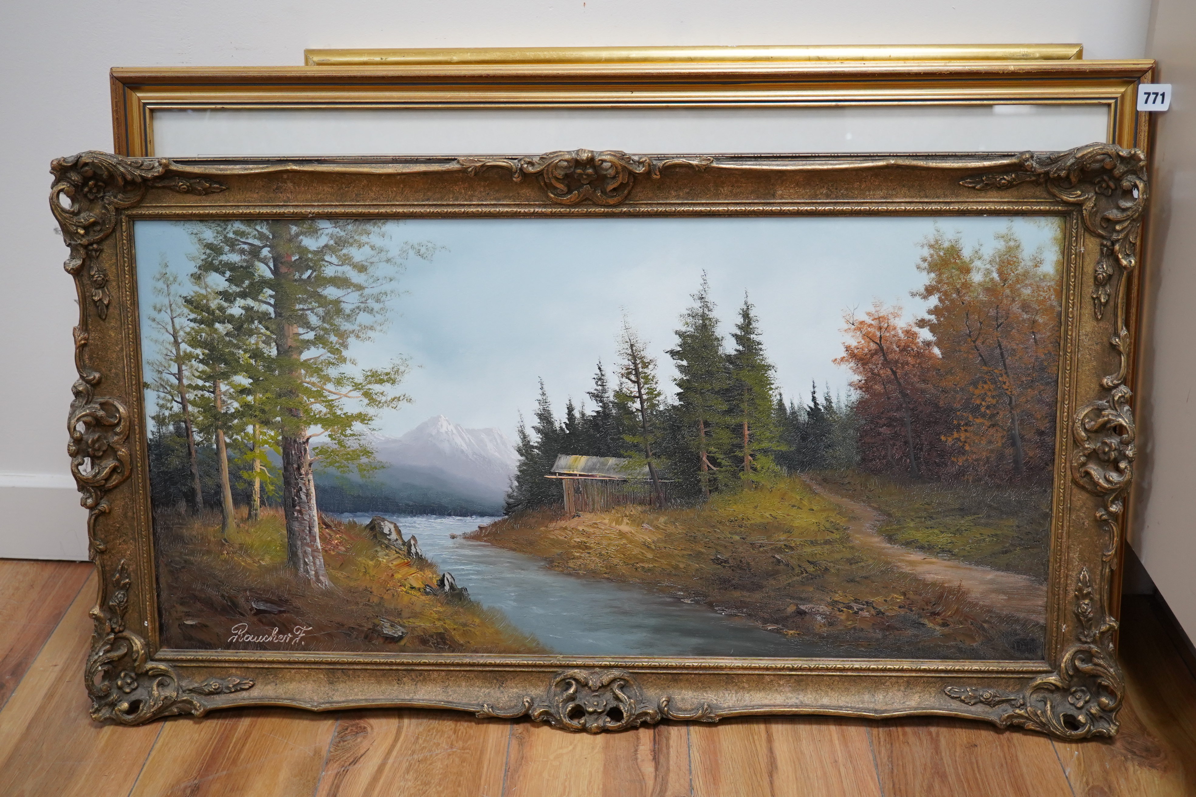 Contemporary oil on canvas, Alpine scene with river and chalet, indistinctly signed, 39 x 80cm, gilt frame. Condition - good